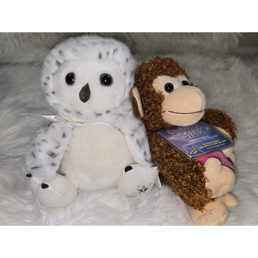 2 Russ Berrie Shining Stars Monkey Plush And Owl  9" Stuffed Animal Sealed
